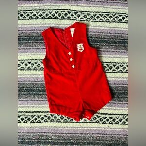 VTG 1980s Red Velvet Baby Romper with Pearlescent Buttons